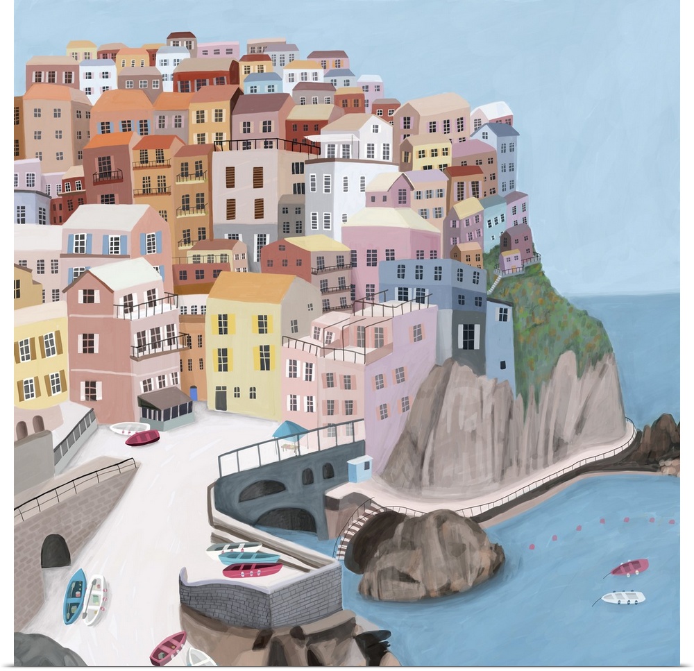 Manarola Italy, italian village by the sea. Illustrated by artist Carla Daly.