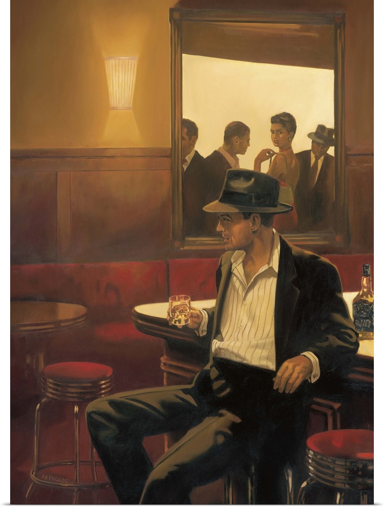 Contemporary painting of a man in a fedora sitting with his back against the bar holding a drink.