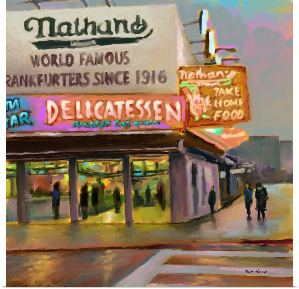 Art print of the neon signs for Nathan's Famous Hot Dogs, a Coney Island staple.