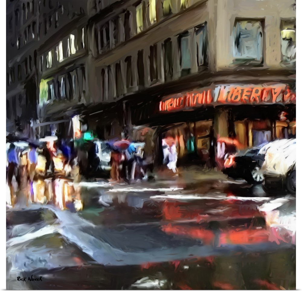 Contemporary artwork of a New York City street at night, full of people with umbrellas under the rain.