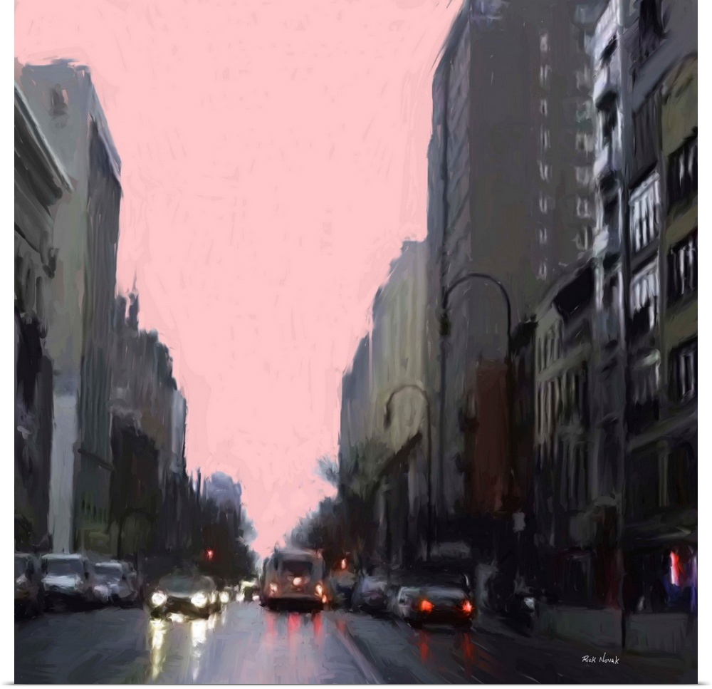 Contemporary artwork of a shadowy New York City street with bright car headlights under a pale pink sky.
