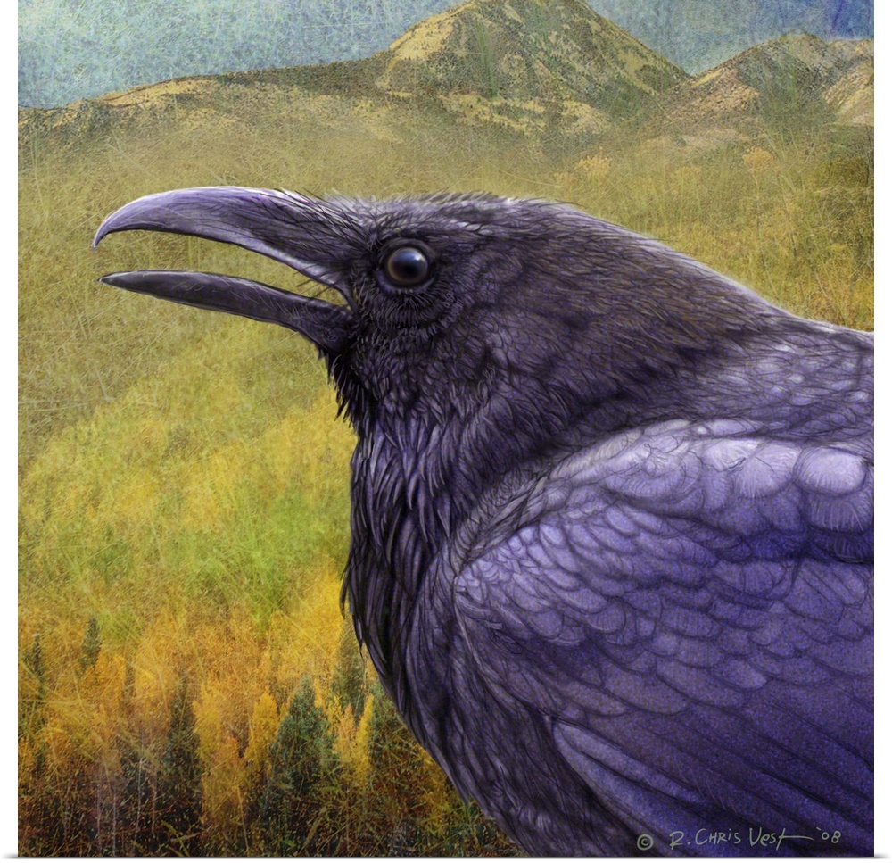 Contemporary artwork of an old raven close-up.