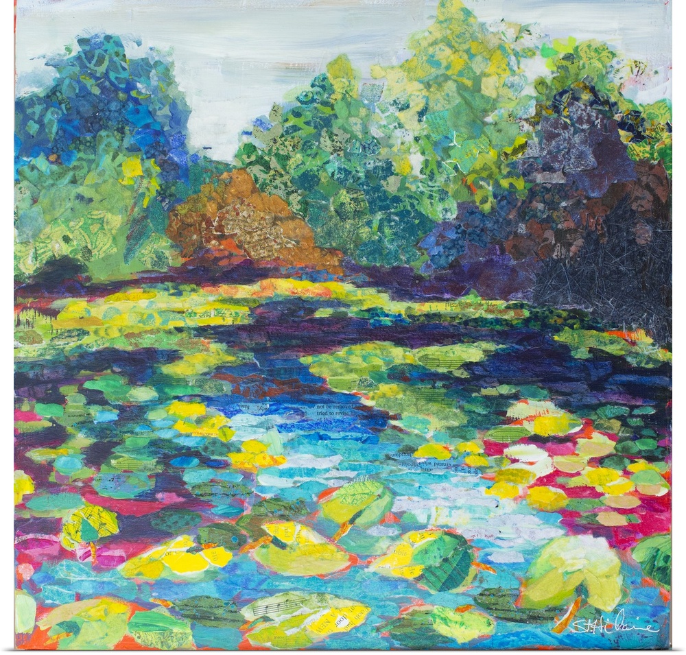 Bright contemporary art of the tropical Wekiva River in Florida, with colorful leaves and flowers.