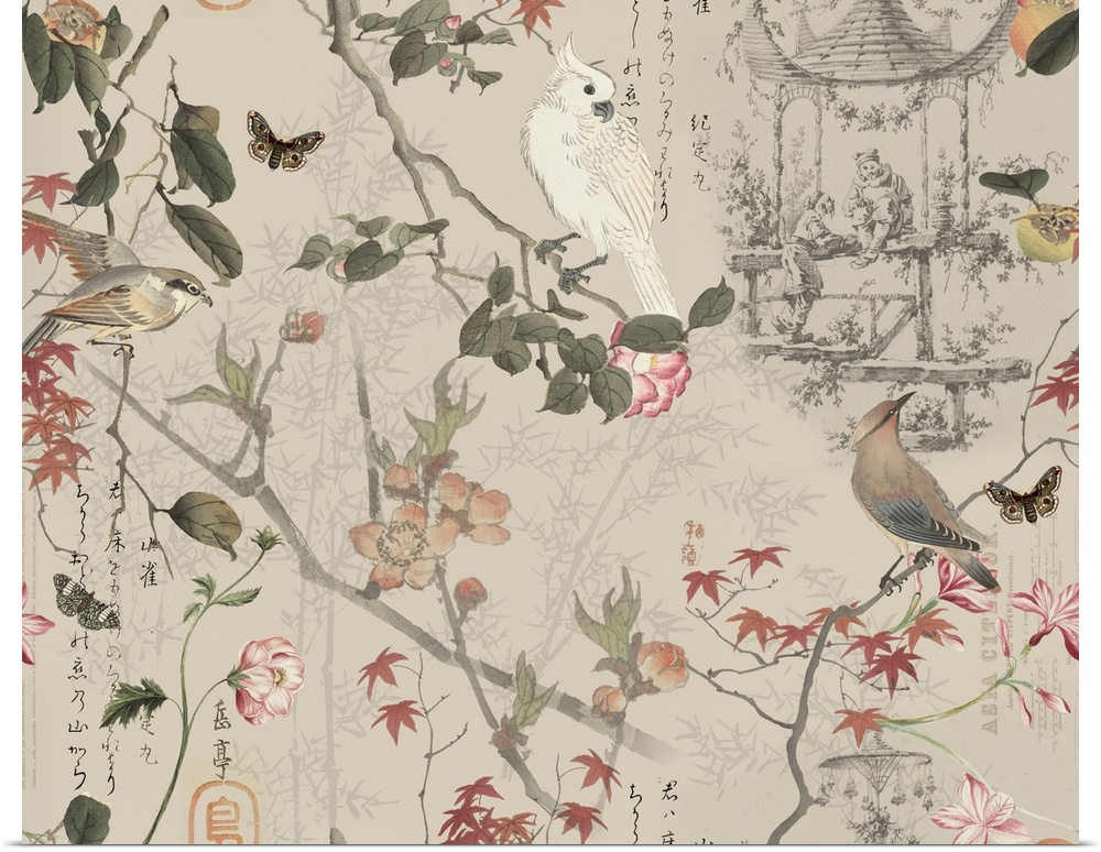 Illustration in vintage chinoiserie style with exotic birds and butterflies.