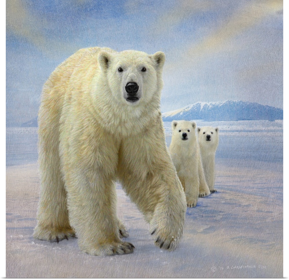 Contemporary artwork of a mother polar bear and her cubs in the arctic tundra.