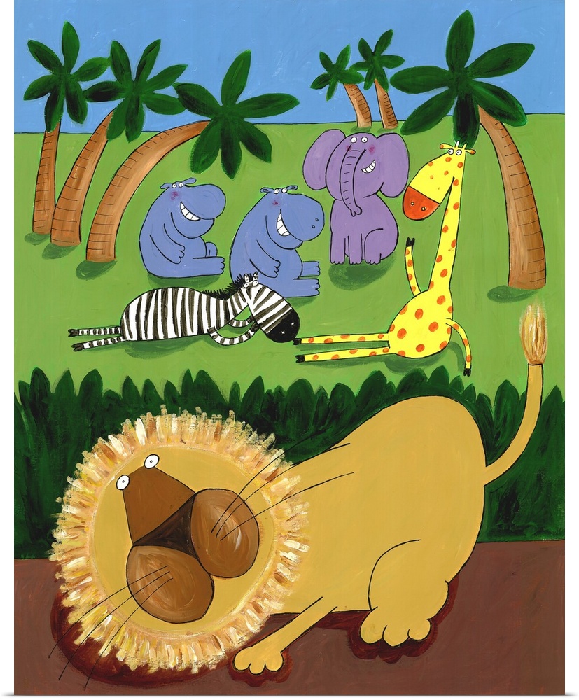 Giraffe, zebra and hippo have fun in the jungle while the lion prowls in the undergrowth.