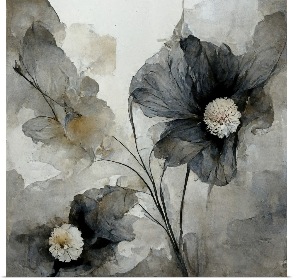 Gray, painterly watercolor flowers.
