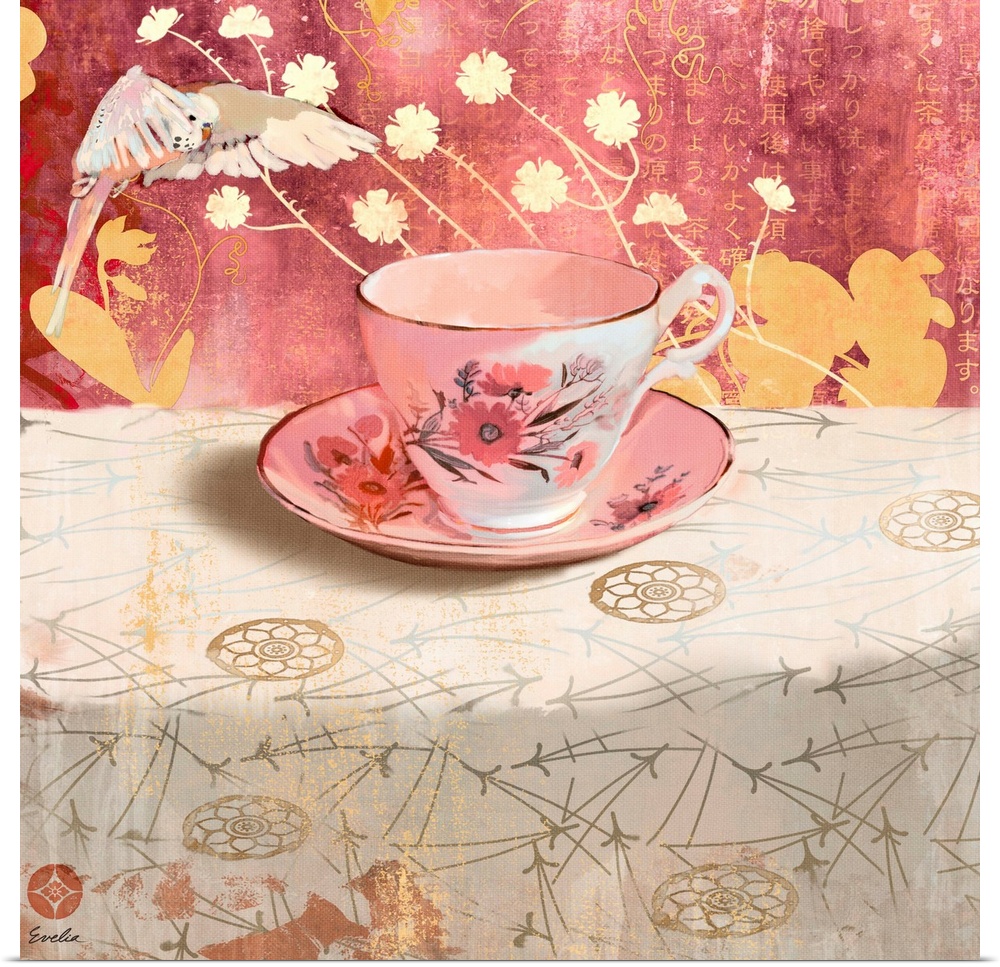 Contemporary artwork of a golden teacup sitting on a floral tablecloth.
