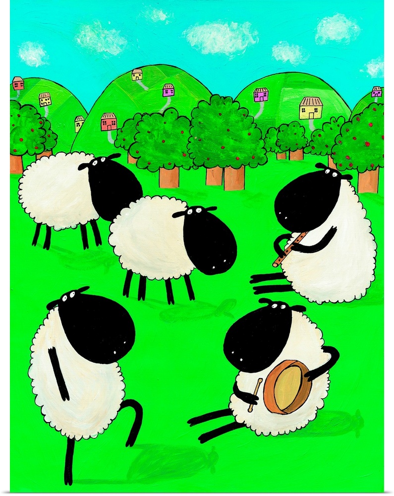 Sheep dancing in a field. Created by children's artist Carla Daly.