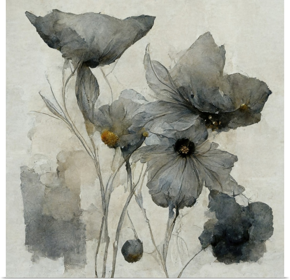 Gray, blue and gold abstract florals in watercolor.