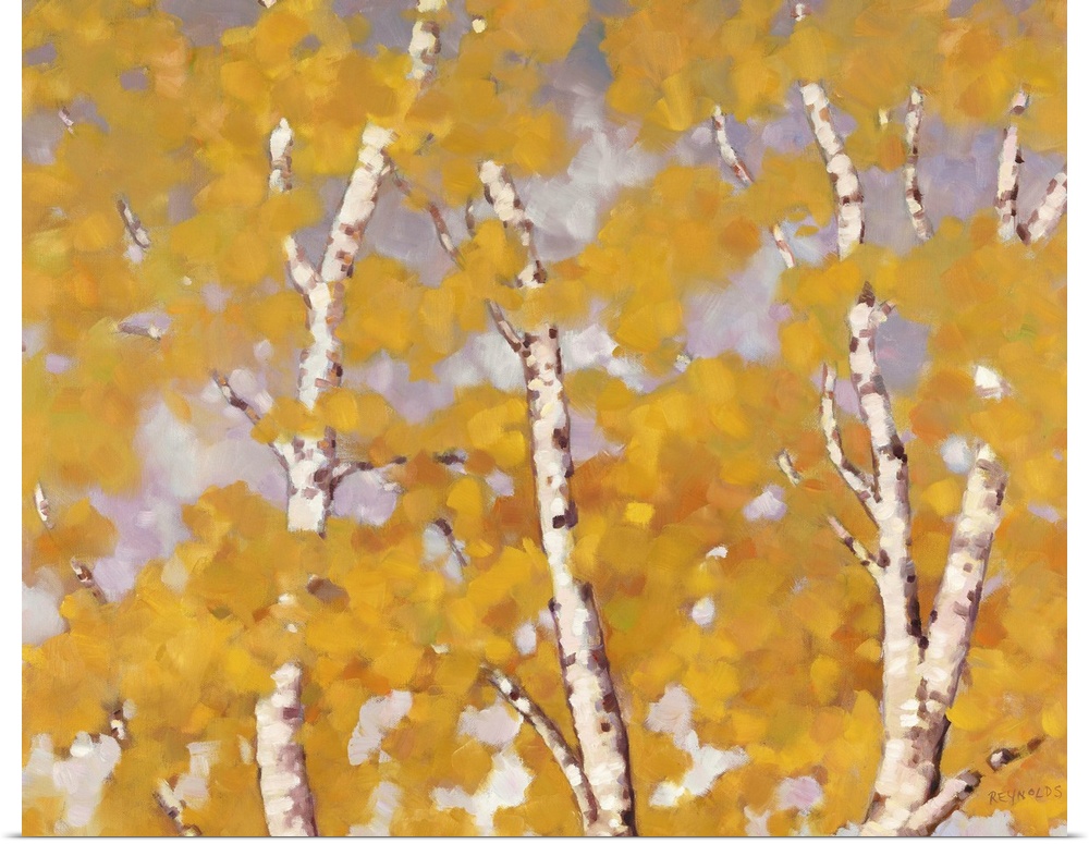 Contemporary painting of slender birch trees filled with orange leaves in the fall.