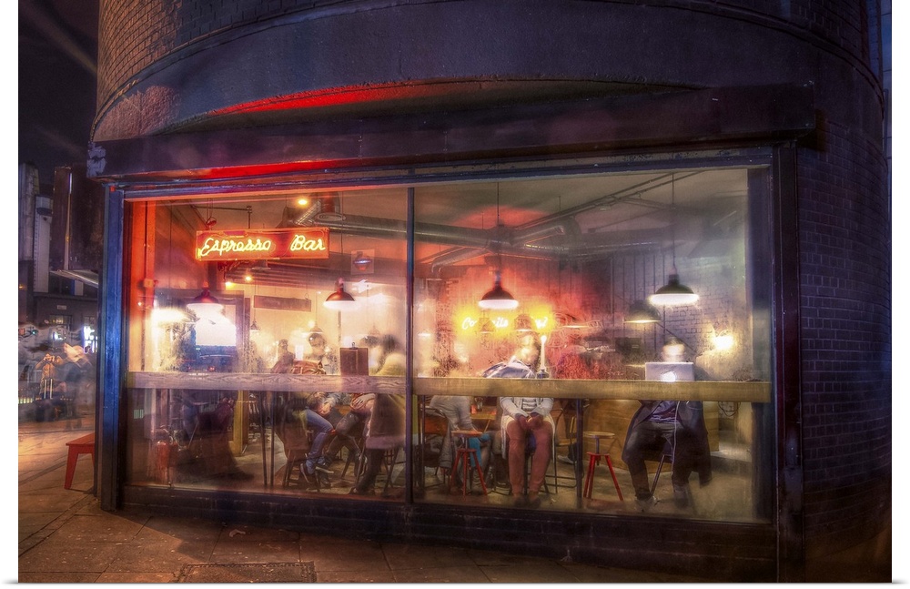 HDR photograph of the steamy windows of a coffee shop.