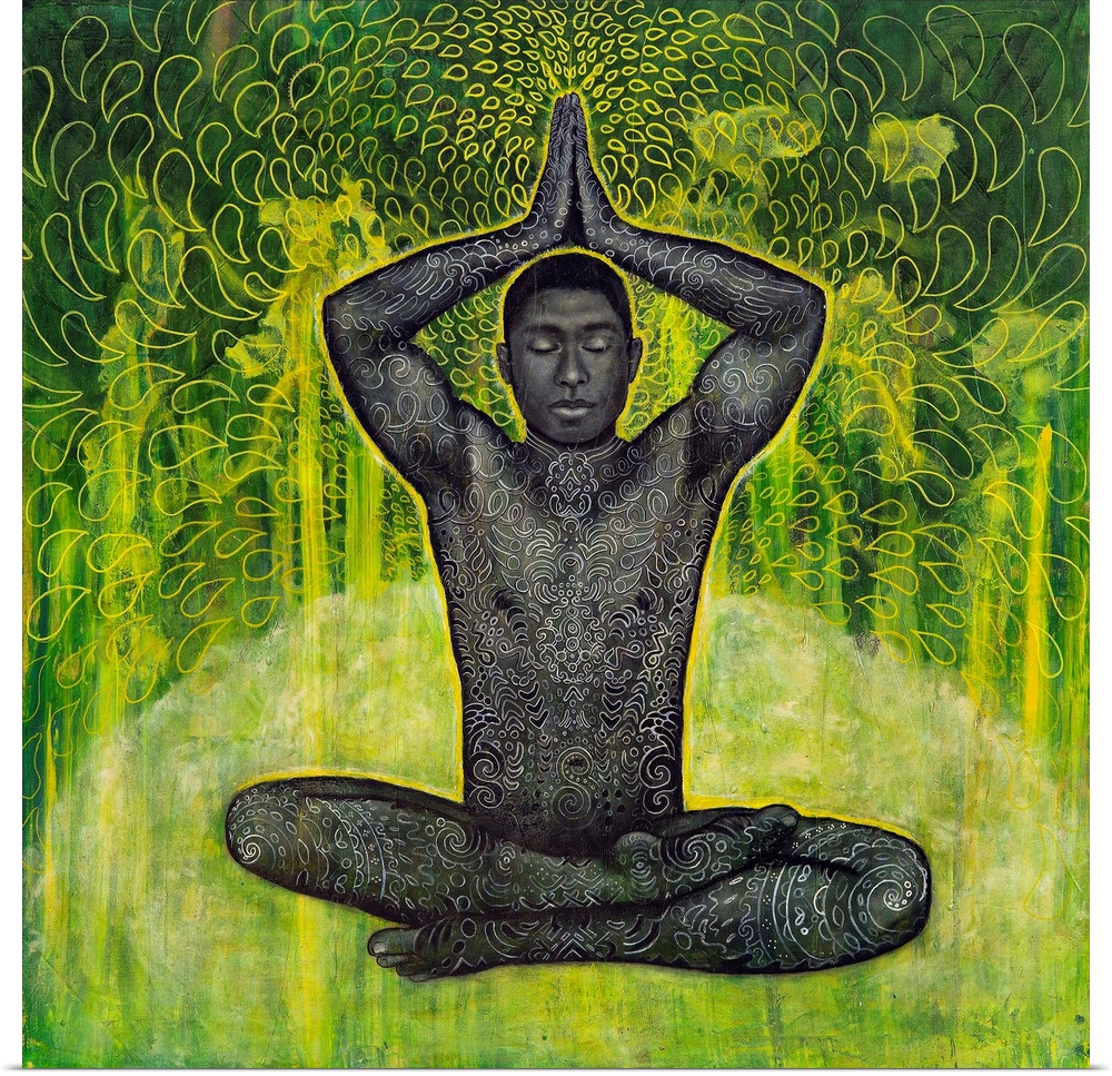 A man meditating and holding his hands over his head, decorated with swirls and florals on a green background.