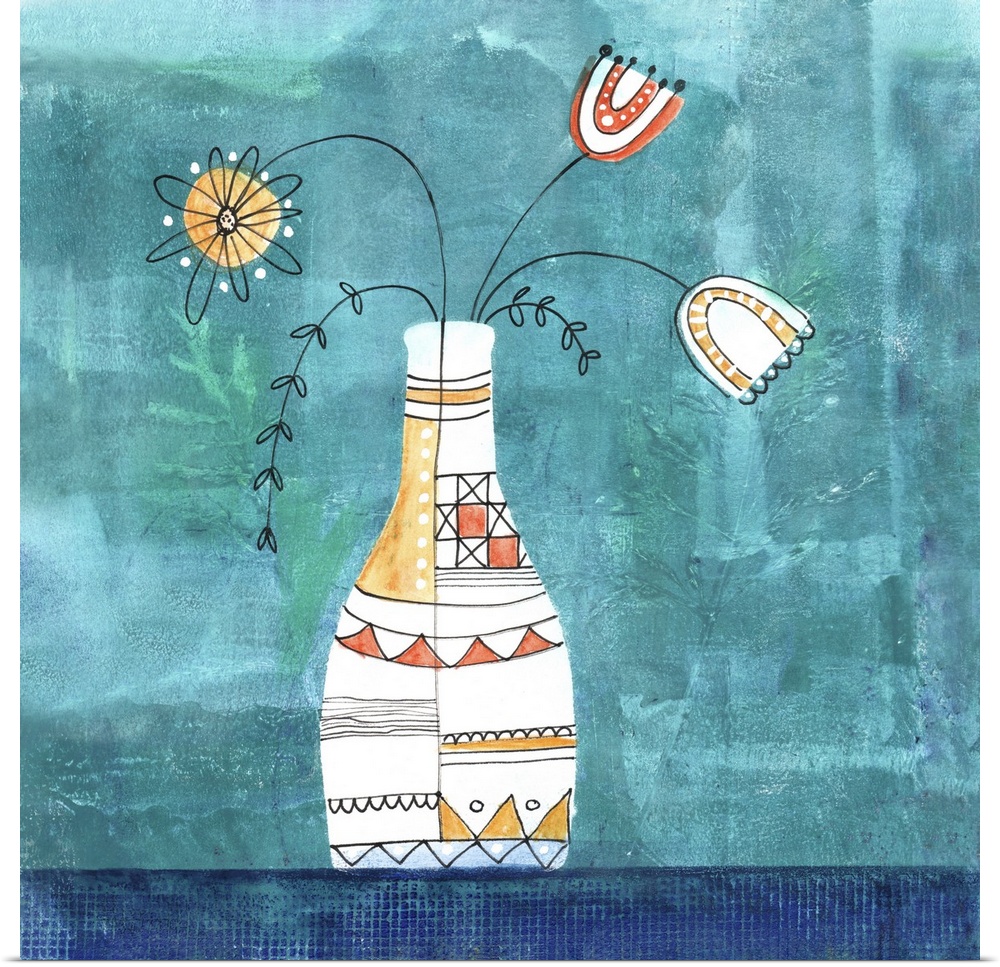 Whimsical flowers in vase mixed media painting.