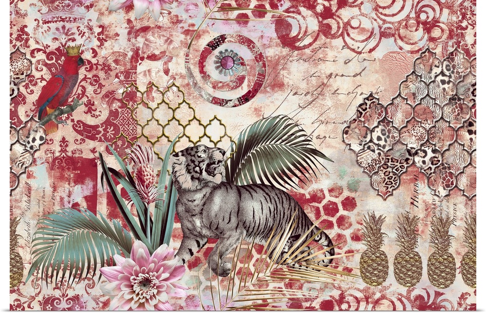 Retro style mixed media art with tiger, parrot, tropical plants, and ornaments.
