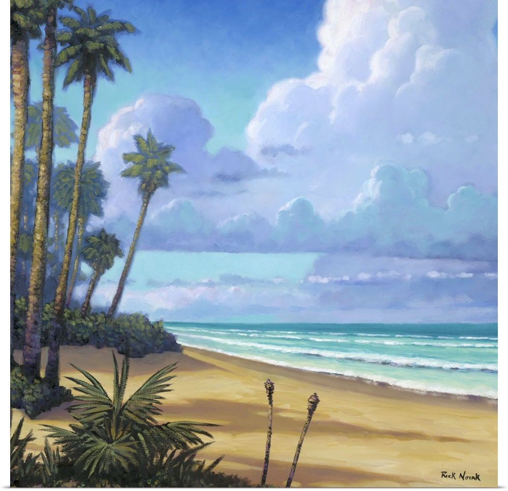 Escape from everything with this painting of a tropical paradise of endless crystal blue waters and palm trees.
