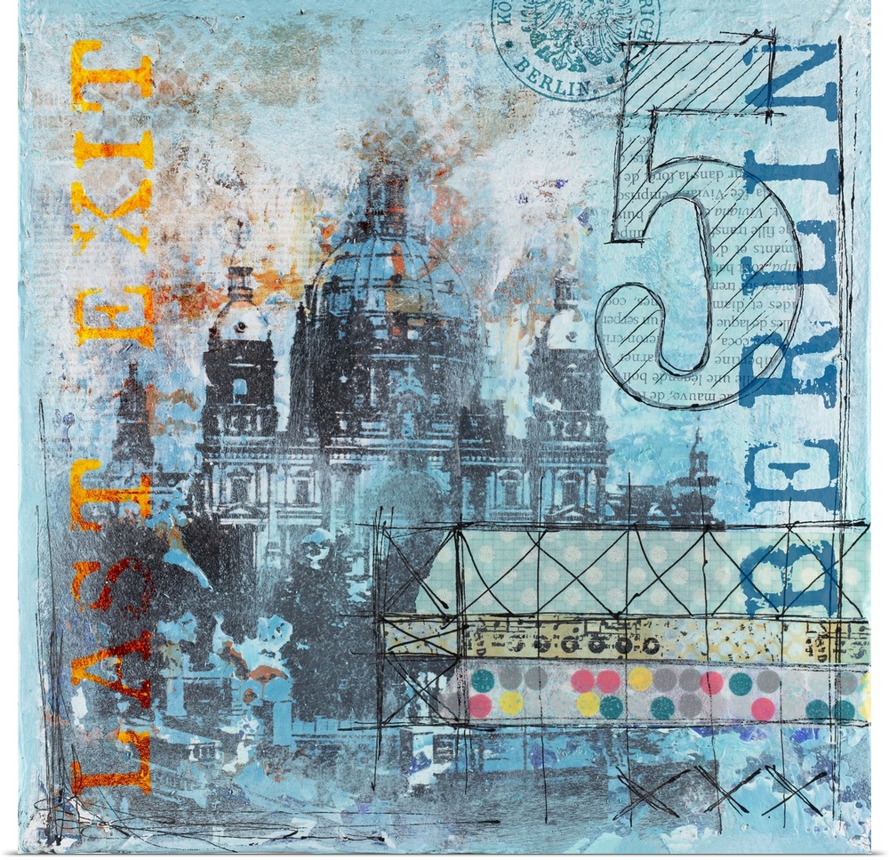 Mixed media art of Berlin cathedral with text elements in shades of blue.