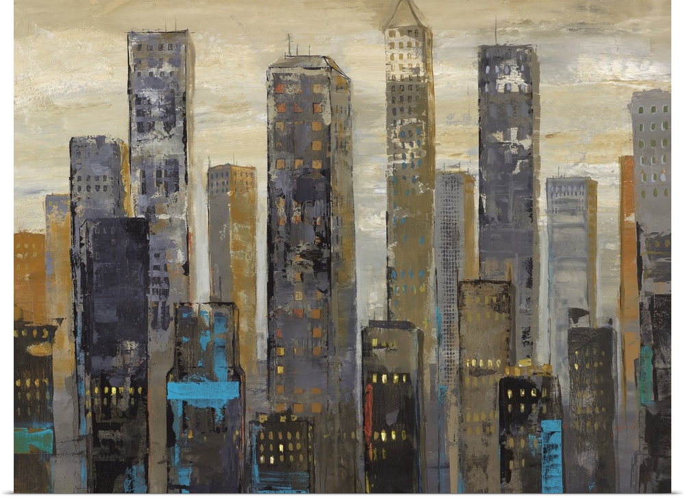 Contemporary painting of a city skyline full of towering skyscrapers.