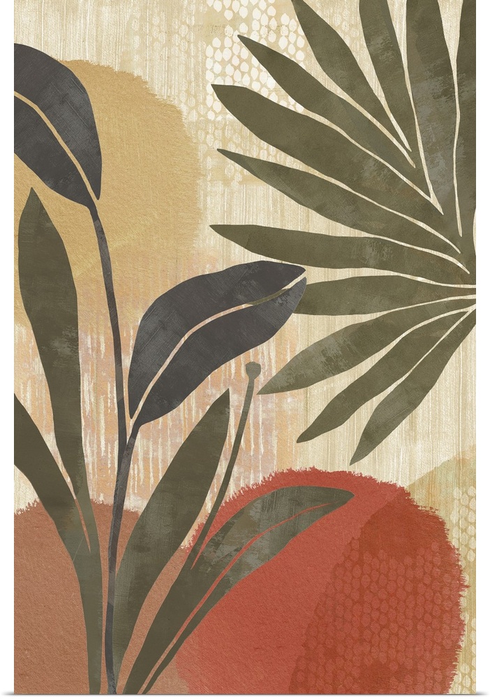 Terracotta and green abstract botanical art print.