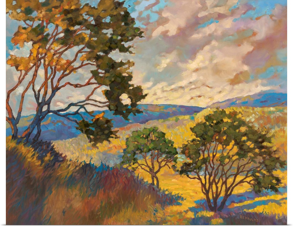 Contemporary landscape painting of trees in rolling yellow fields at sunset.