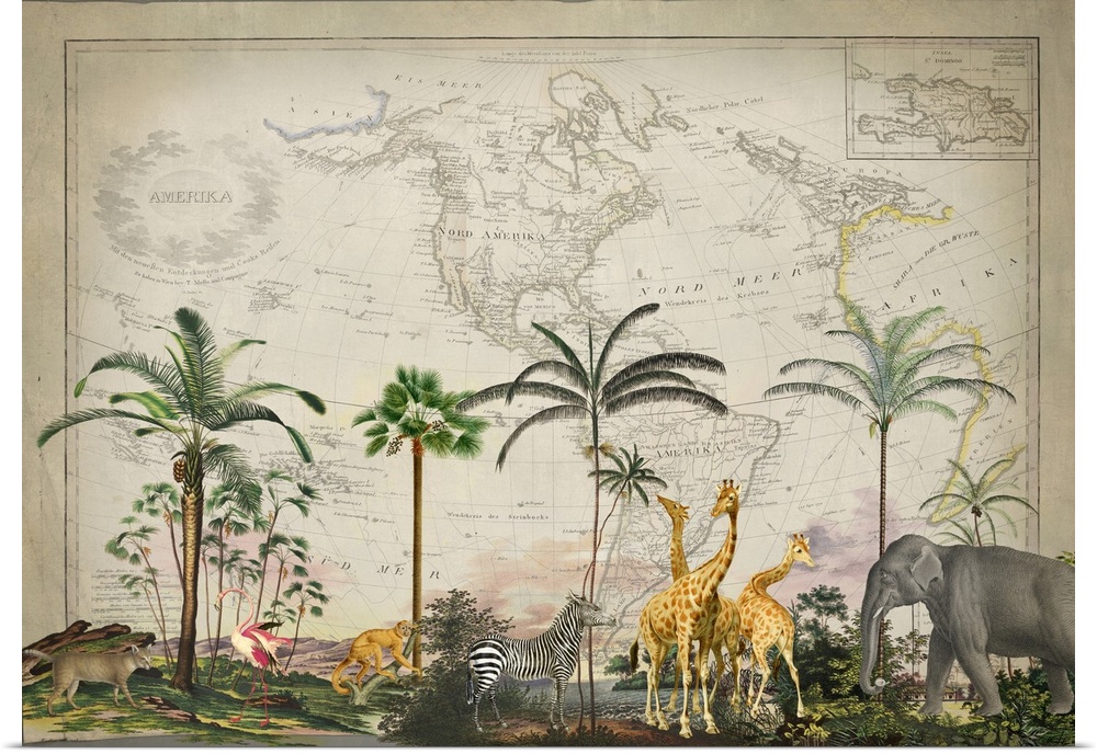 Vintage style mixed media art with old map, tropical landscape, and wild animals.