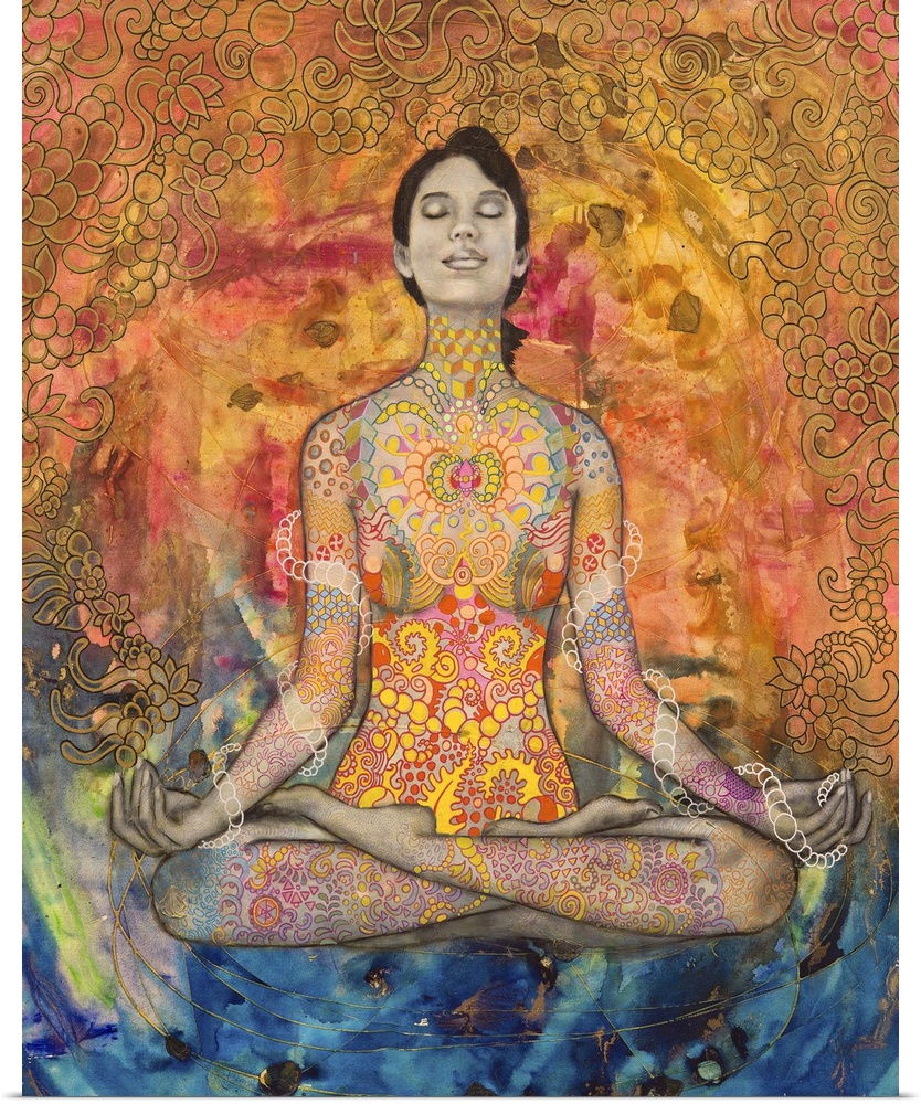 A woman meditating with her hands on her knees, decorated with florals and swirls, on an orange and blue background.