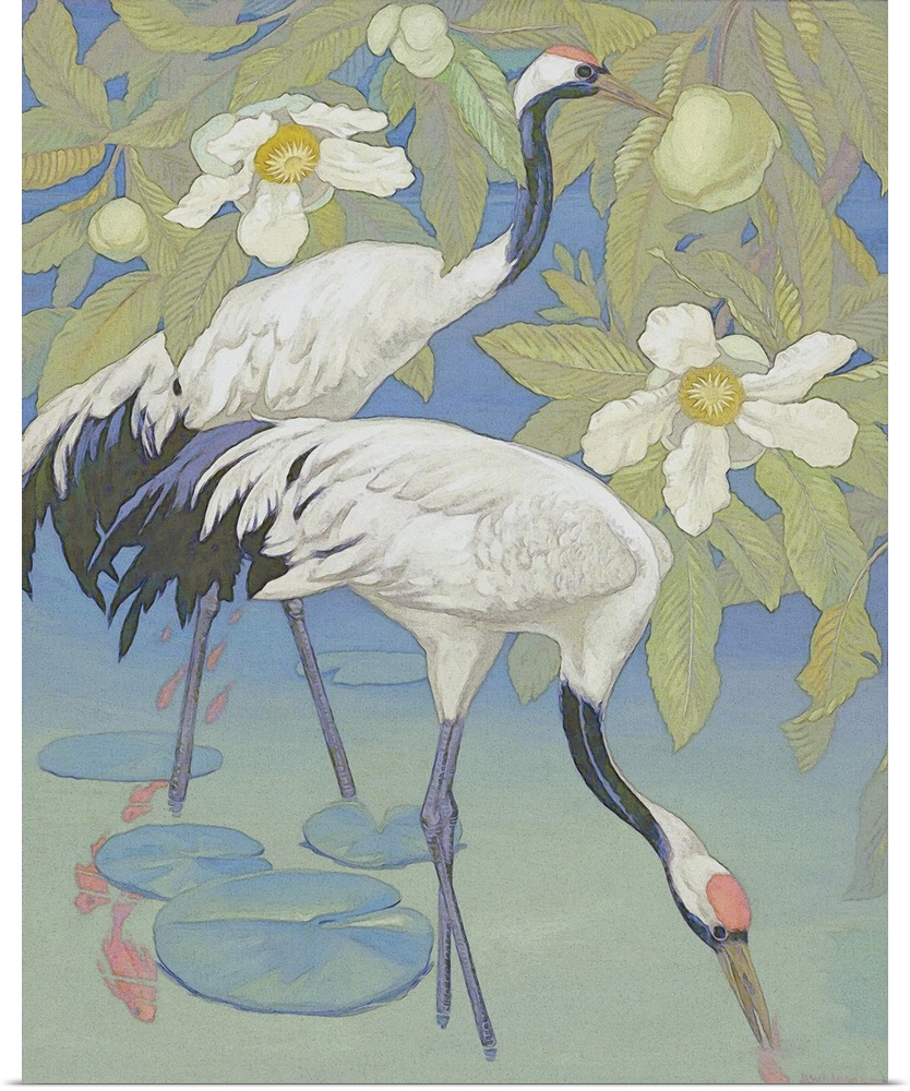 A watercolor rendition of two white and blue mystic cranes in lush tropical setting, with water and white flowers. Pastel ...