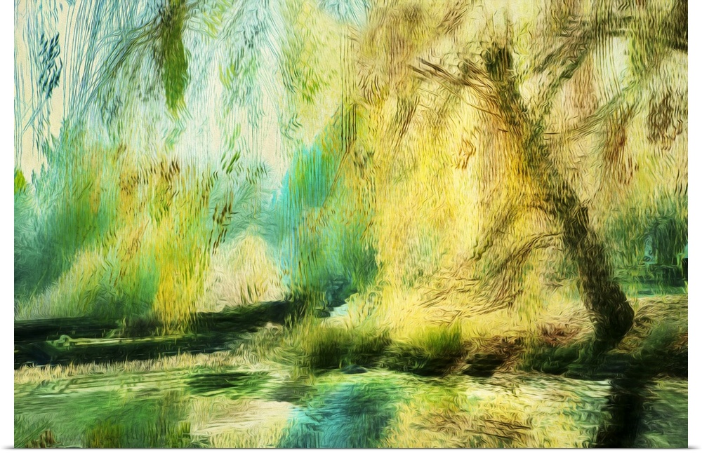 In-camera-movement and multiple exposures coupled with bright colors provides energy to a pond scene.