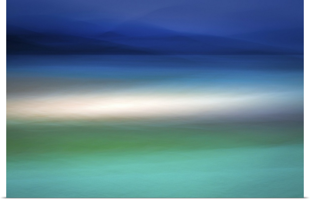 Colorful abstract  of mountains, sand, and teal blue water in a minimalist style.