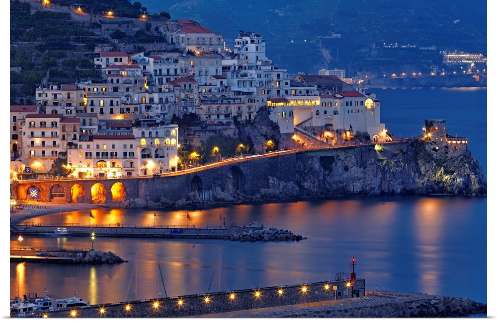High angle view of Amalfi Town at night,  Campania, Italy.