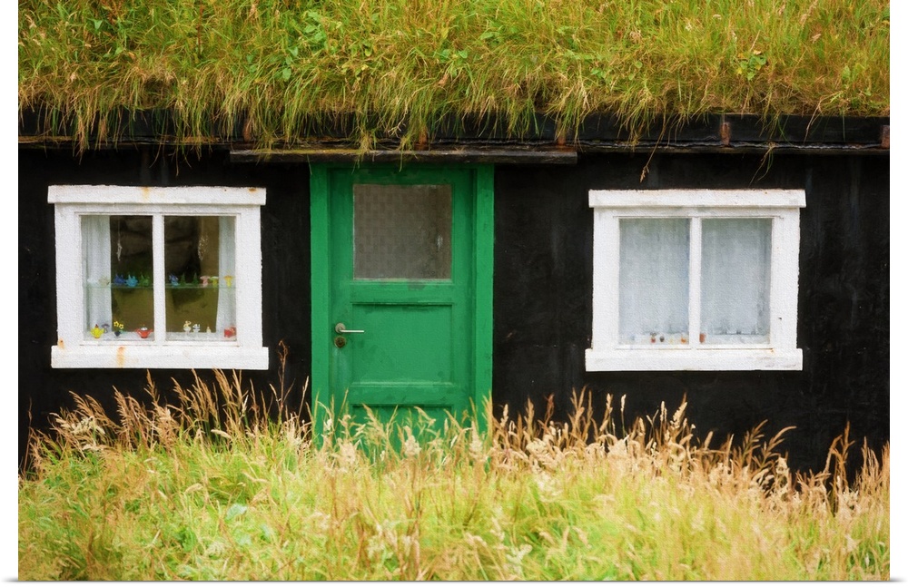 A rural house with a thatched roof and a green door.