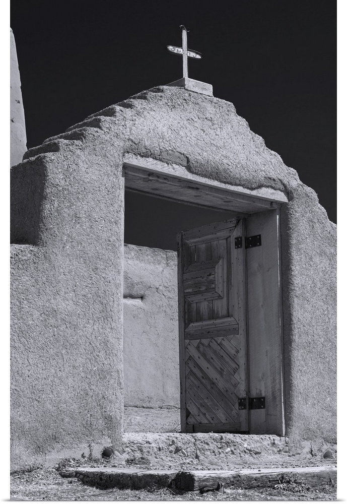Photograph of a New Mexico adobe church rendered in the style of Ansel Adams.