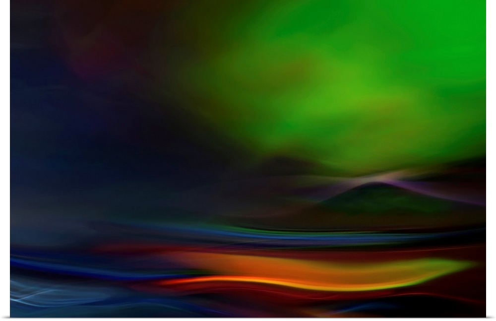 Abstract artwork that is a close up of the aurora lights. Green is the prominent color with various other colors in a wave...