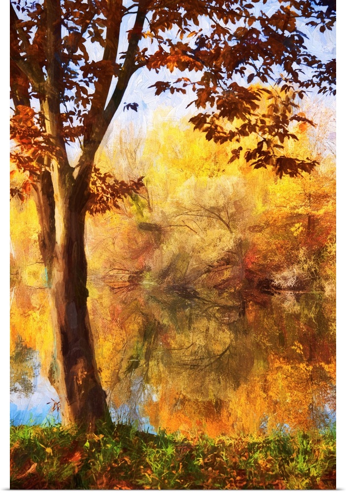 Trees by a pond with a expressionist photo or painterly effect