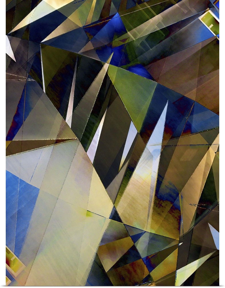 Abstract photograph made of intersecting angles and lines in varying blue and yellow shades.