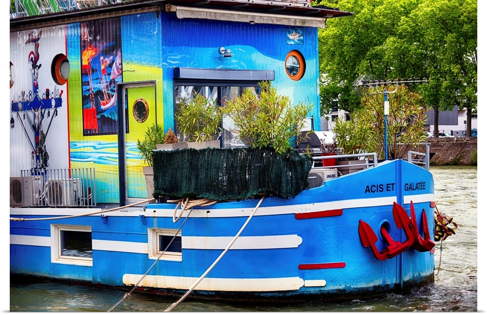 Colorful Houseboat on the Saone River, Lyon, France