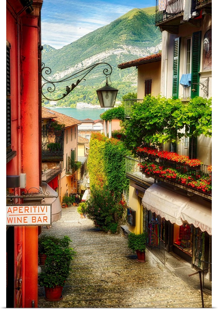 Fine art photo of an alleyway between the shops in Como, Italy.
