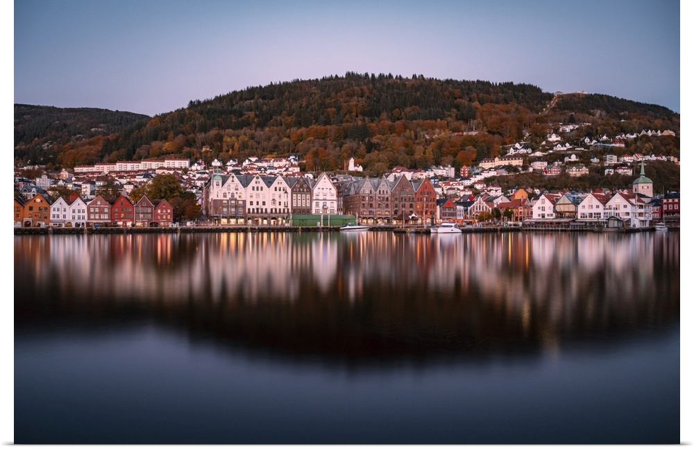 Long exposure of the evening harbor of Bergen, namely the city of seven mountains in Norway, with UNESCO Bryggen at the wa...