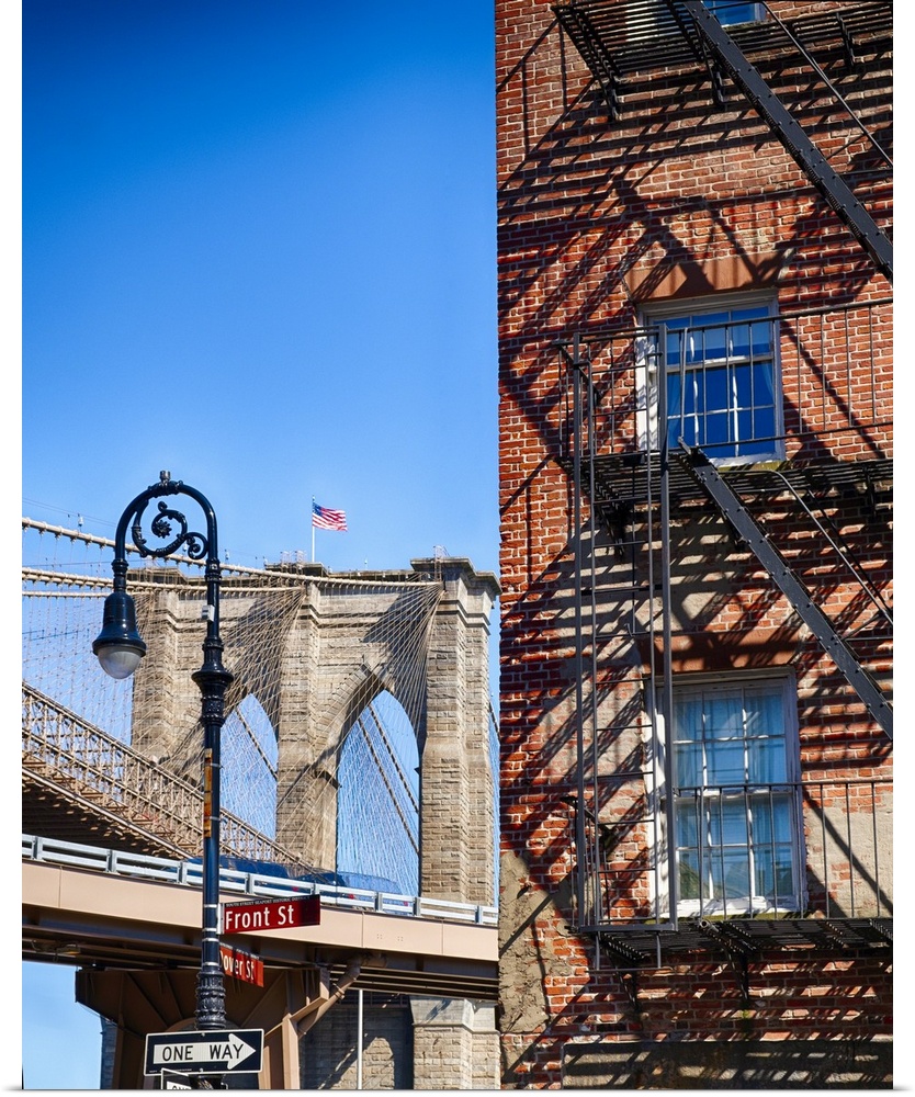 Brooklyn Bridge Stone Tower View and a Typical House with Fire Esacpes, Manhattan, New York