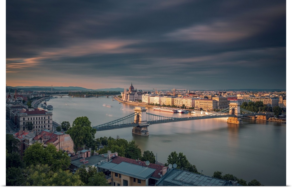 Hungarian Parliament Building along Danube river bank seen from Buda Castle in Budapest, Hungary.