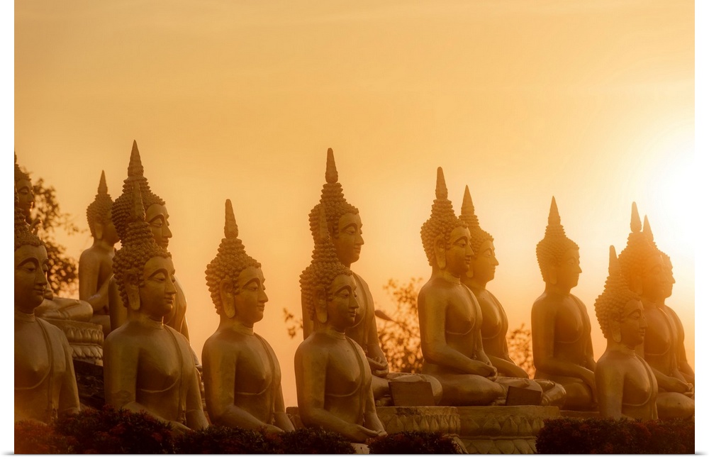 Sunset in front of rows of buddhas