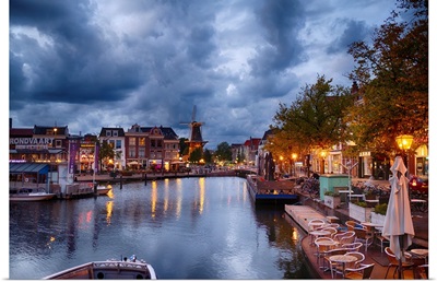 Canal And Windmill In Leiden At Night