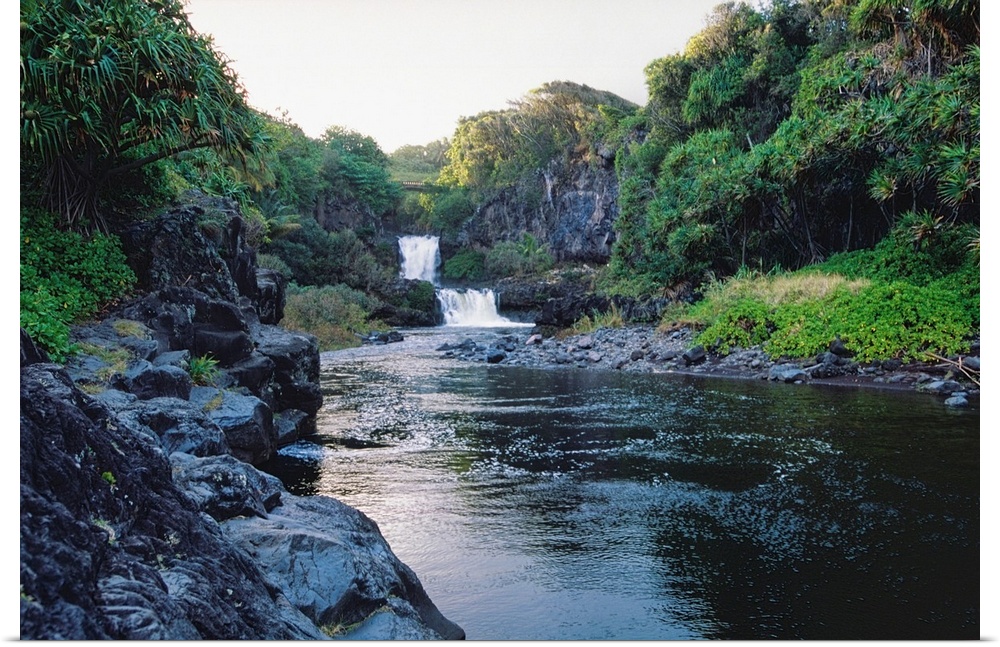 Hawaii, Maui, Hana, Seven Sacred Pools, a waterfall and a bridge.