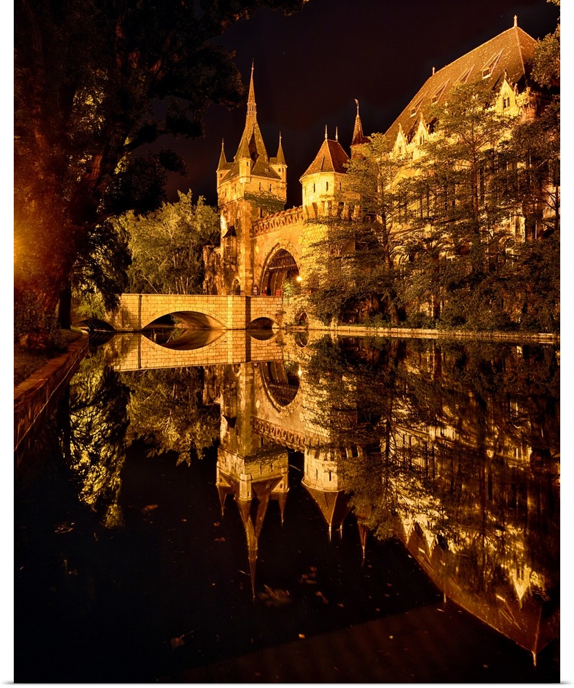 Reflections of a Castle in a Lake at Night, Budapest, Hungary.