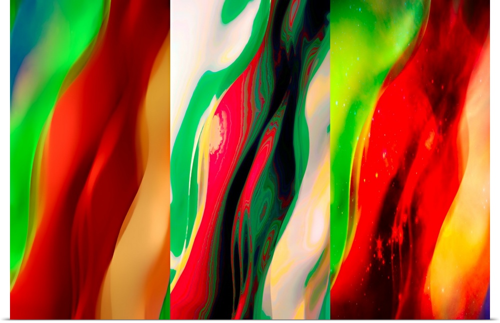 Three panel abstract image in shades of red and green.