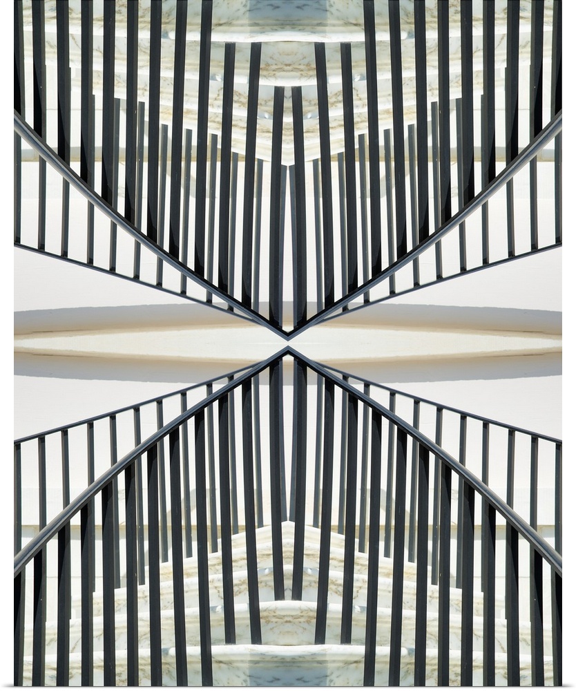 An Escher-like abstract geometric photograph of a Charleston South Carolina church stairway using a kaleidoscopic techniqu...