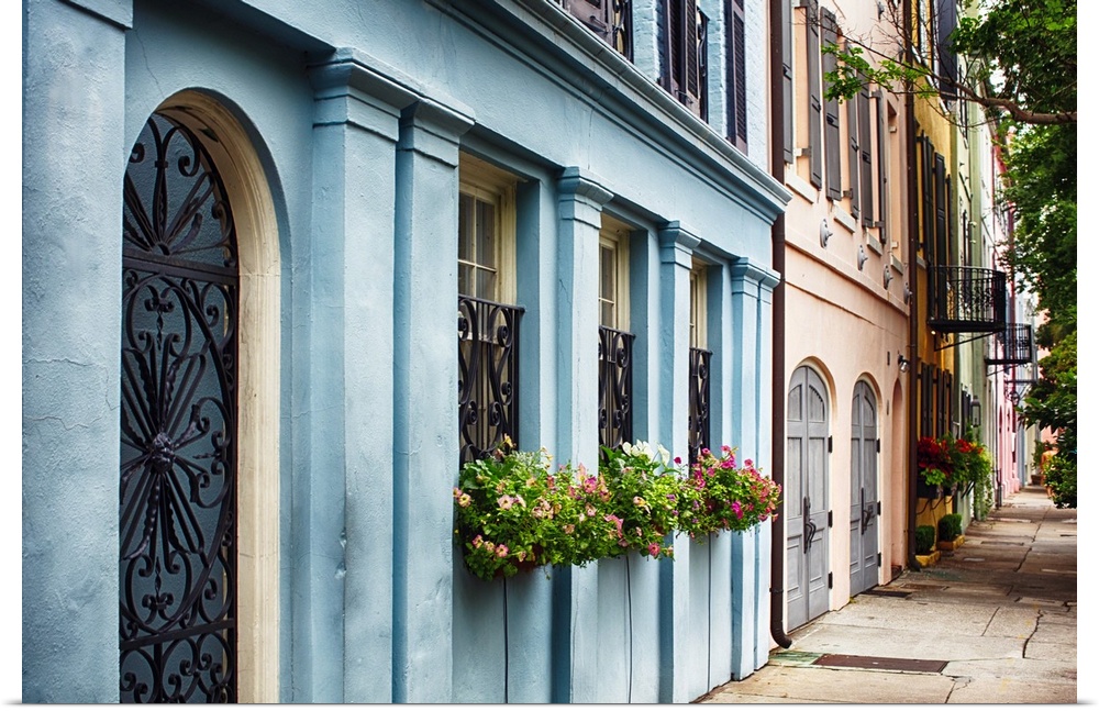 Row of colorful historic houses, east bay street, Charleston, South Carolina.
