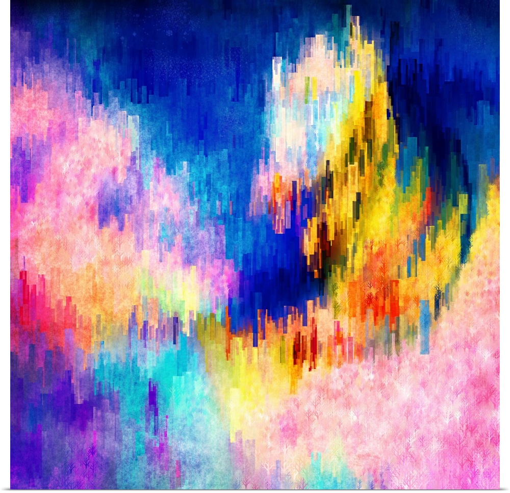 Bright pink, blue, and yellow lights from a city scene warped into stretched, square shapes to create an abstract image.