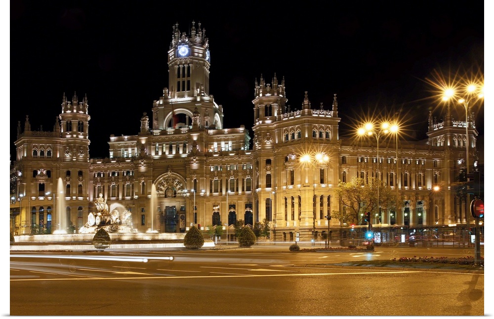 Low Angle Night View of the Cibeles Palace and Fountain