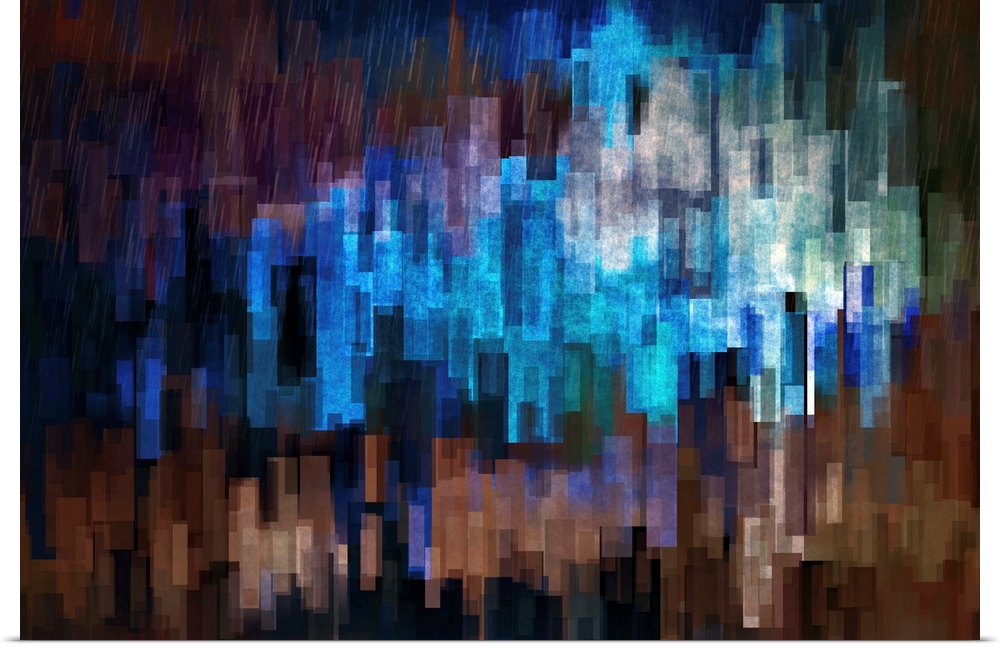 Bright brown and blue lights from a city scene warped into stretched, square shapes to create an abstract image.